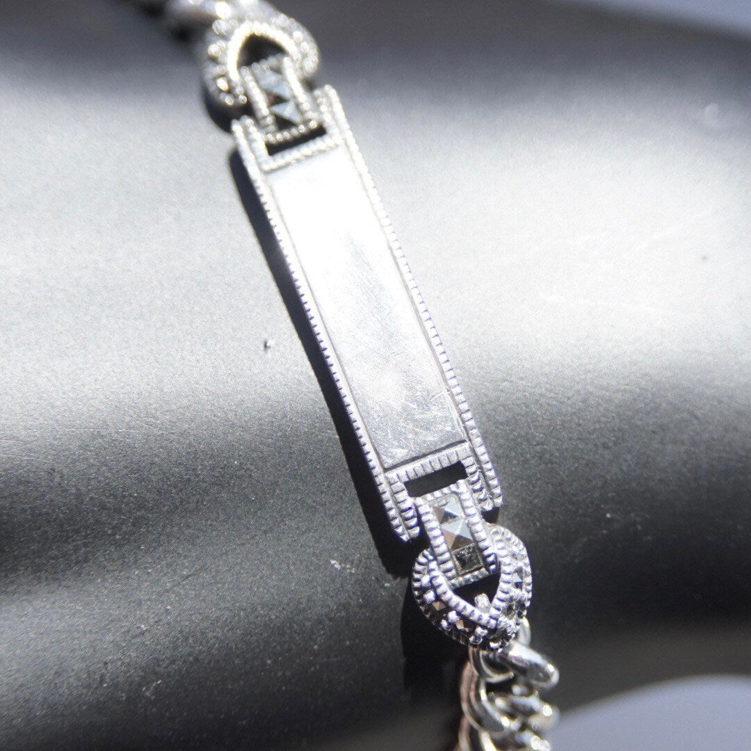Vintage Sterling Silver Marcasite Engravable Plate Curb Chain Bracelet, 6mm Chain Bracelet, Accent Marcasite, Silver Monogram Plate, 7" L