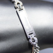 Vintage Sterling Silver Marcasite Engravable Plate Curb Chain Bracelet, 6mm Chain Bracelet, Accent Marcasite, Silver Monogram Plate, 7" L