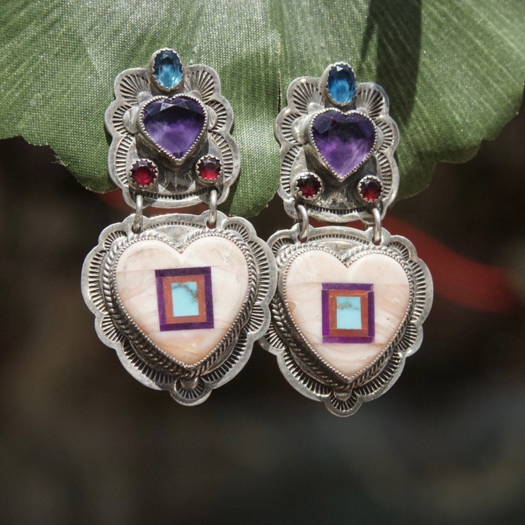 Vintage Signed Benny and Valerie Aldrich Colorful Gemstone & Coral Inlay Heart Dangle Earrings, Hammered Sterling Silver, Intarsia Inlay