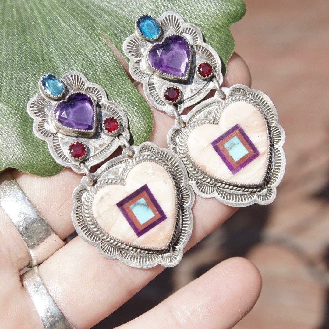 Vintage Signed Benny and Valerie Aldrich Colorful Gemstone & Coral Inlay Heart Dangle Earrings, Hammered Sterling Silver, Intarsia Inlay