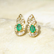Vintage 14K Yellow Gold Diamond Emerald Earrings, .7625 TCW Brilliant & Baguette Diamonds, Sparkly Emerald Diamond Lever Back Studs