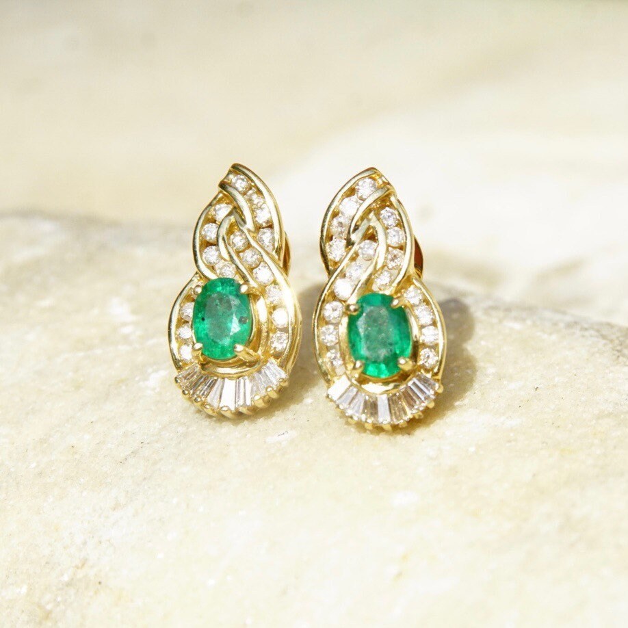 Vintage 14K Yellow Gold Diamond Emerald Earrings, .7625 TCW Brilliant & Baguette Diamonds, Sparkly Emerald Diamond Lever Back Studs