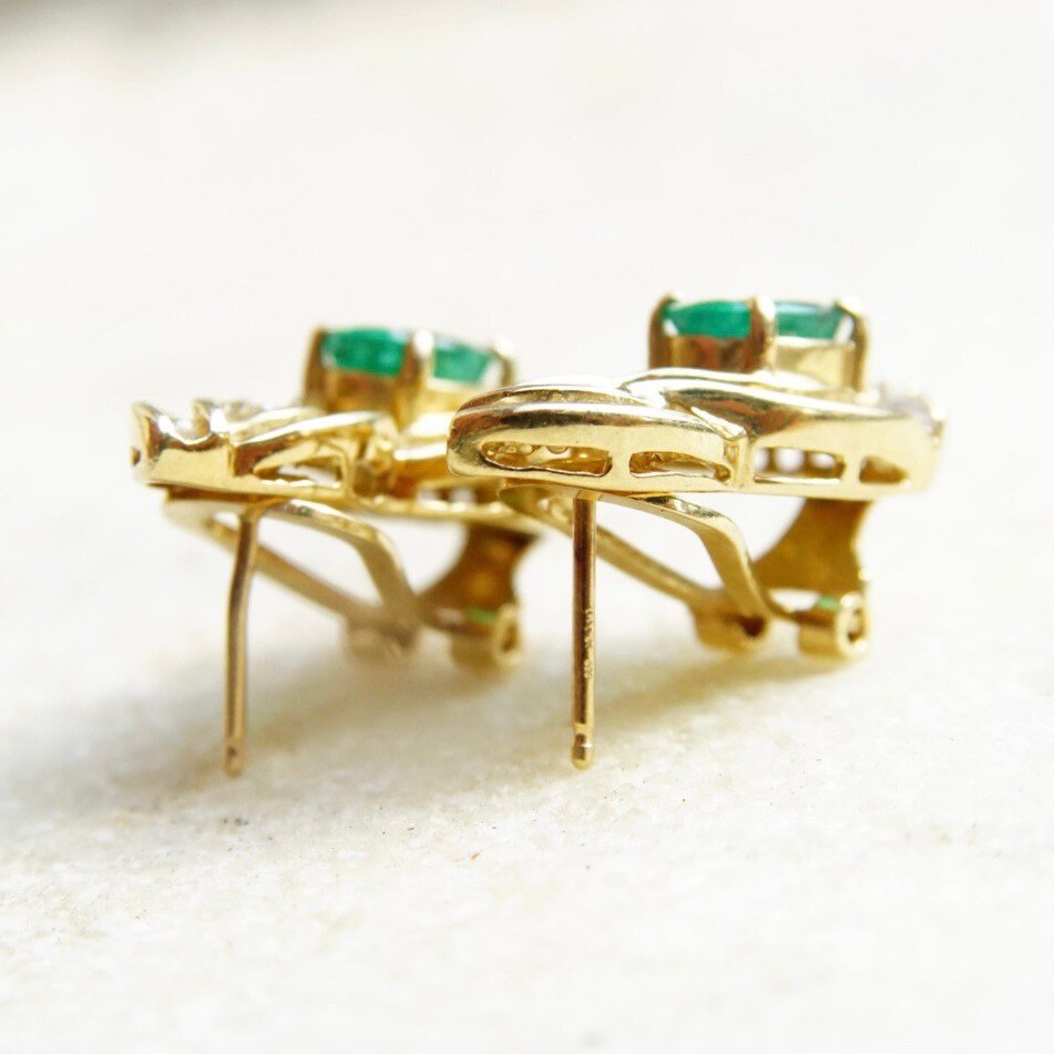 Vintage 14K Yellow Gold Diamond Emerald Earrings, .7625 TCW Brilliant & Baguette Diamonds, Sparkly Emerald Diamond Lever Back Studs
