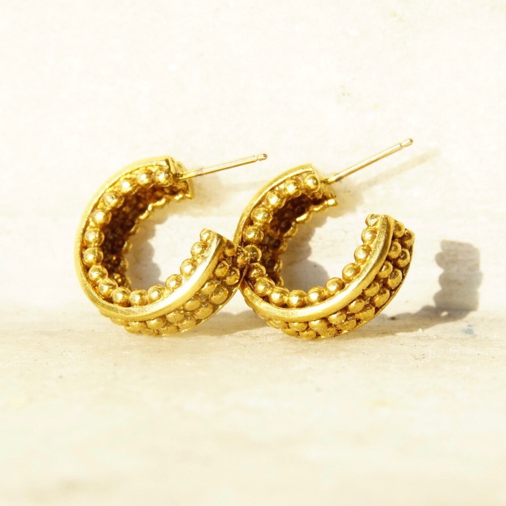 Vintage 14K Gold Hoop Earrings, Bead Textured Open Back Stud Hoops, Small Chunky Yellow Gold Earrings, 585 Accessory, 5/8" L x 1/4" W
