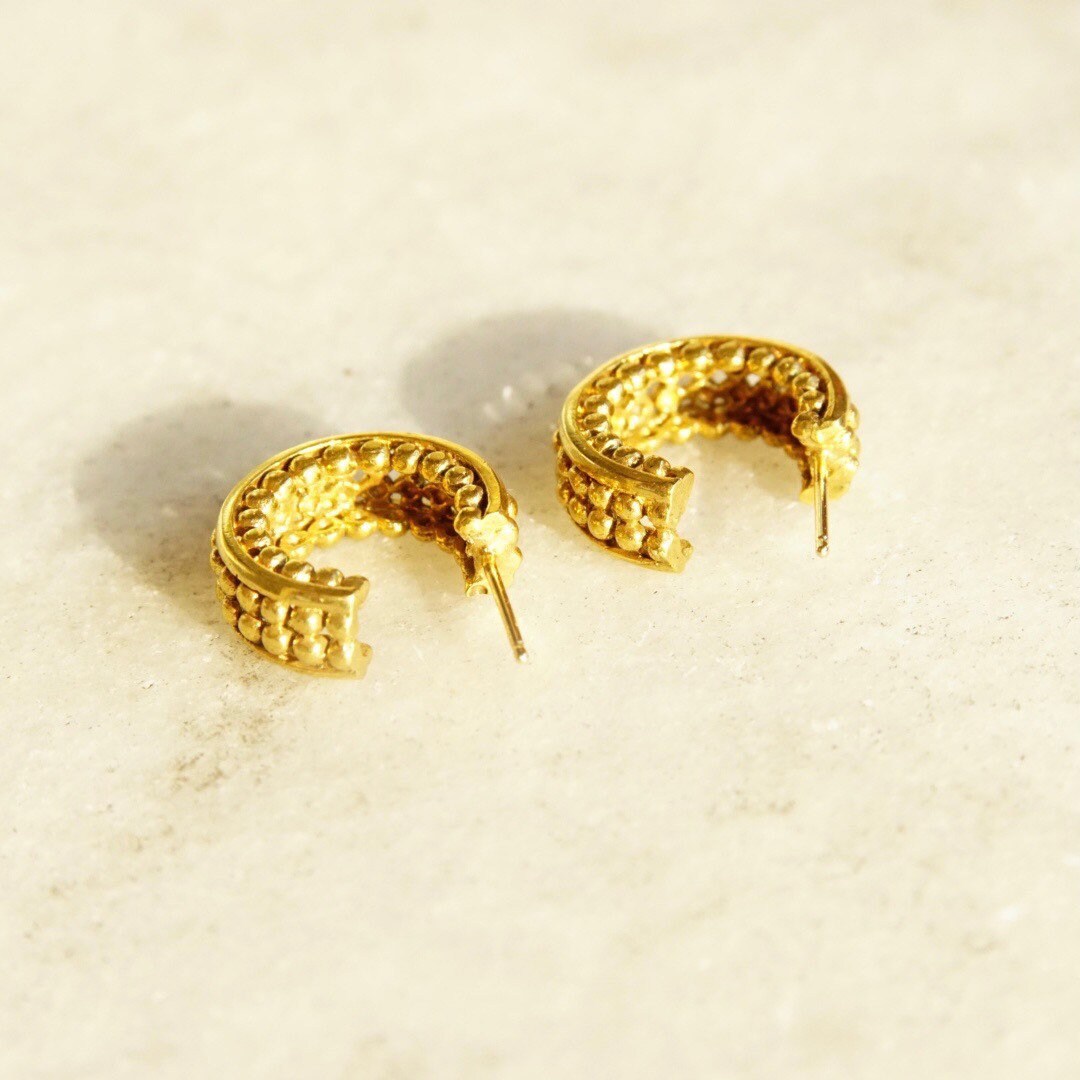 Vintage 14K Gold Hoop Earrings, Bead Textured Open Back Stud Hoops, Small Chunky Yellow Gold Earrings, 585 Accessory, 5/8" L x 1/4" W