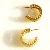 Vintage 14K Gold Hoop Earrings, Bead Textured Open Back Stud Hoops, Small Chunky Yellow Gold Earrings, 585 Accessory, 5/8" L x 1/4" W