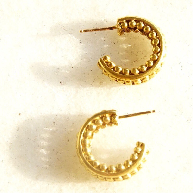 Vintage 14K Gold Hoop Earrings, Bead Textured Open Back Stud Hoops, Small Chunky Yellow Gold Earrings, 585 Accessory, 5/8" L x 1/4" W