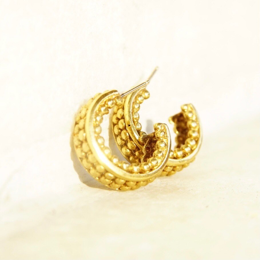 Vintage 14K Gold Hoop Earrings, Bead Textured Open Back Stud Hoops, Small Chunky Yellow Gold Earrings, 585 Accessory, 5/8" L x 1/4" W