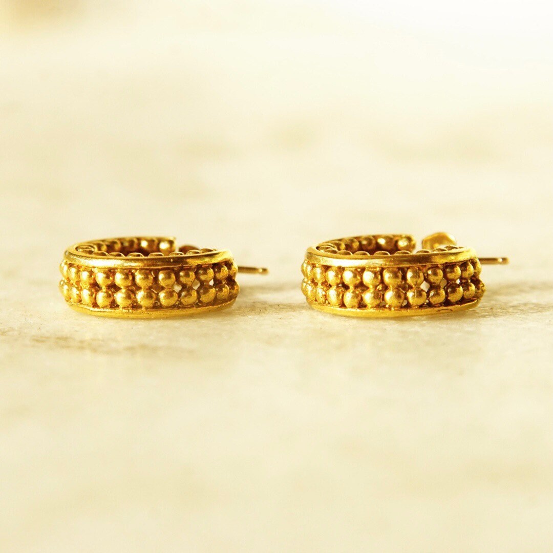 Vintage 14K Gold Hoop Earrings, Bead Textured Open Back Stud Hoops, Small Chunky Yellow Gold Earrings, 585 Accessory, 5/8" L x 1/4" W