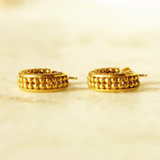 Vintage 14K Gold Hoop Earrings, Bead Textured Open Back Stud Hoops, Small Chunky Yellow Gold Earrings, 585 Accessory, 5/8" L x 1/4" W