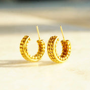 Vintage 14K Gold Hoop Earrings, Bead Textured Open Back Stud Hoops, Small Chunky Yellow Gold Earrings, 585 Accessory, 5/8" L x 1/4" W