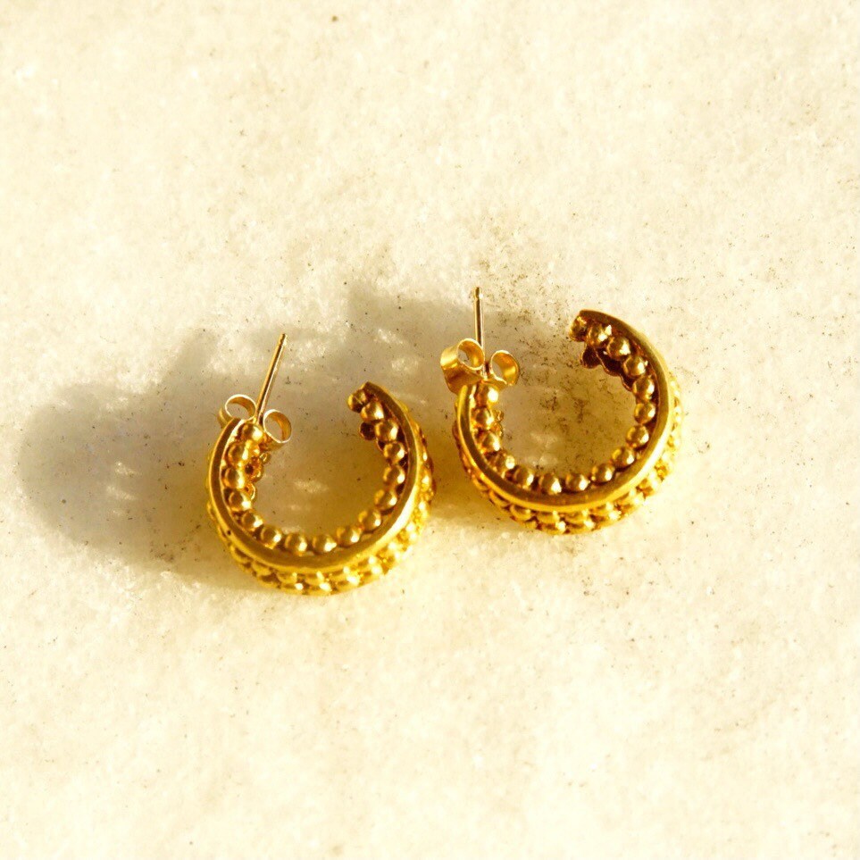 Vintage 14K Gold Hoop Earrings, Bead Textured Open Back Stud Hoops, Small Chunky Yellow Gold Earrings, 585 Accessory, 5/8" L x 1/4" W