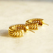 Vintage 14K Gold Hoop Earrings, Bead Textured Open Back Stud Hoops, Small Chunky Yellow Gold Earrings, 585 Accessory, 5/8" L x 1/4" W