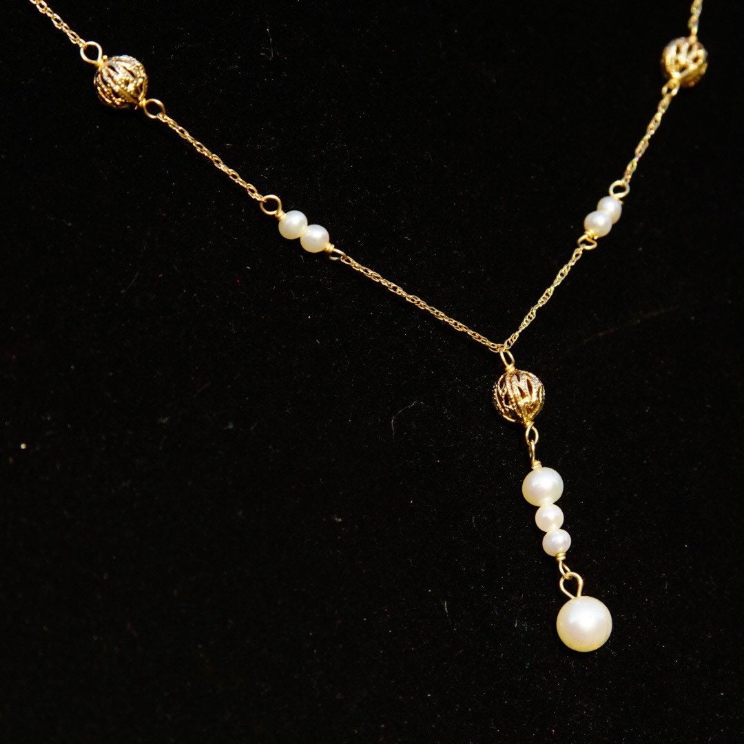 Vintage 14K Gold Pearl Y-Necklace, Elegant Necklace With Gold & Pearl Beads, Loose Rope Chain, Petite/Delicate Gold Choker, 16 1/2" Long