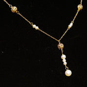 Vintage 14K Gold Pearl Y-Necklace, Elegant Necklace With Gold & Pearl Beads, Loose Rope Chain, Petite/Delicate Gold Choker, 16 1/2" Long