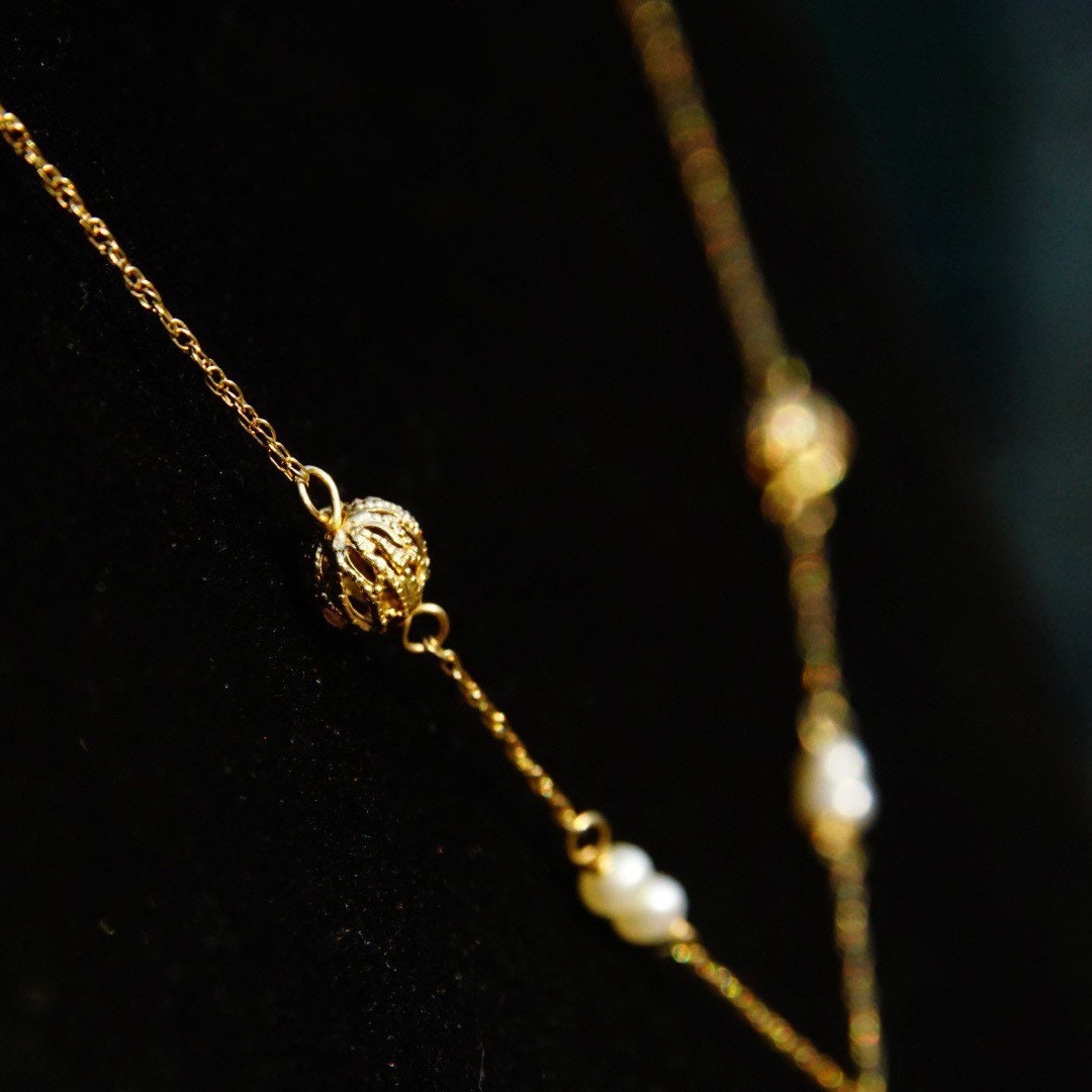 Vintage 14K Gold Pearl Y-Necklace, Elegant Necklace With Gold & Pearl Beads, Loose Rope Chain, Petite/Delicate Gold Choker, 16 1/2" Long