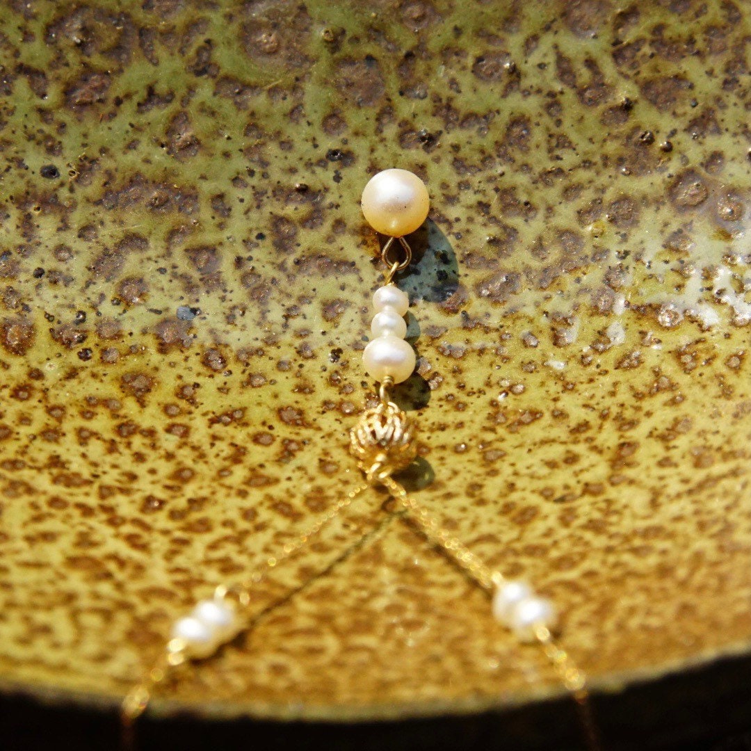 Vintage 14K Gold Pearl Y-Necklace, Elegant Necklace With Gold & Pearl Beads, Loose Rope Chain, Petite/Delicate Gold Choker, 16 1/2" Long