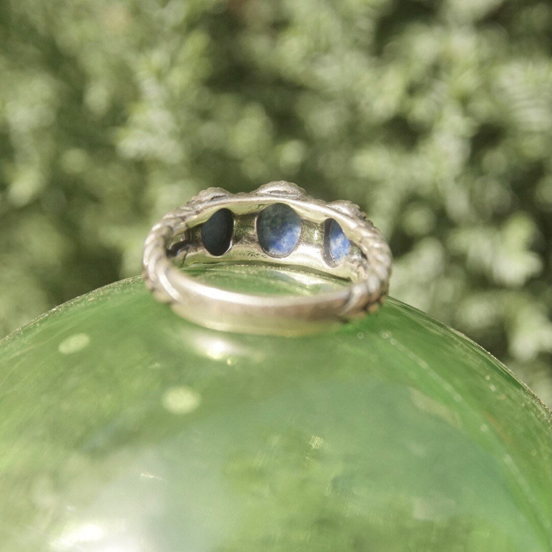 Vintage Signed AW Sterling Silver Sodalite Ring, Marbled Blue Stones, Braided Silver Band, Multi-Stone, Stackable Ring, Size 8 1/2 US