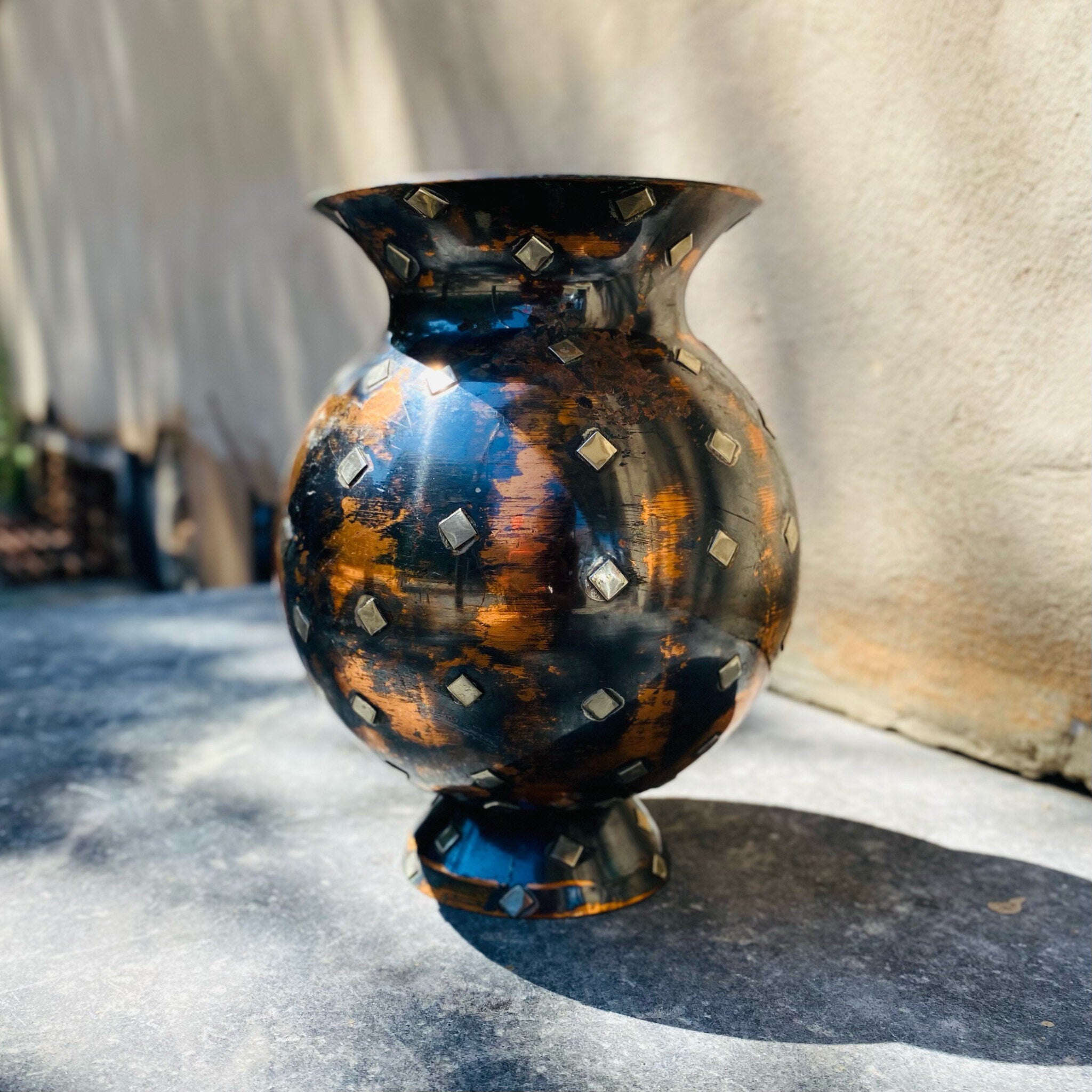 Vintage Israeli Blackened Copper & Silver Accent Vase, Oxidized Copper, Sterling Silver Diamonds, Unique Flower Vase, 8.5" H x 6" W