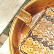Vintagw Mid Century Modern Glazed Ceramic Ashtray, Large Round Ashtray With 2 Cigarette Holders, Brown & Tan Ceramic Ashtray, 9.5 Diameter