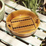 Vintagw Mid Century Modern Glazed Ceramic Ashtray, Large Round Ashtray With 2 Cigarette Holders, Brown & Tan Ceramic Ashtray, 9.5 Diameter