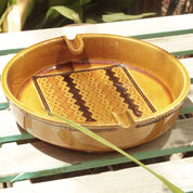 Vintagw Mid Century Modern Glazed Ceramic Ashtray, Large Round Ashtray With 2 Cigarette Holders, Brown & Tan Ceramic Ashtray, 9.5 Diameter