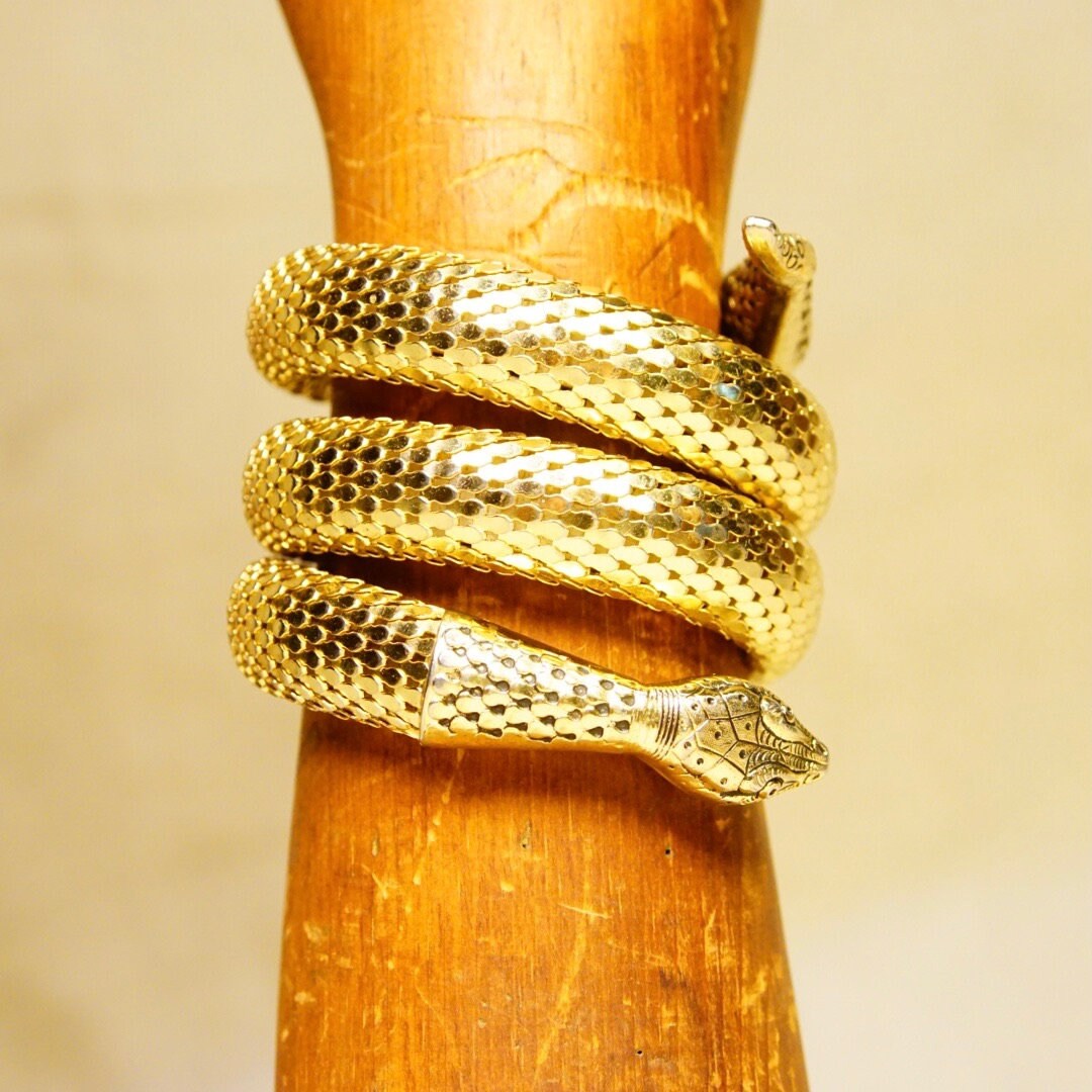 Vintage Whiting & Davis Gold Mesh Snake Necklace And Bracelet, Triple Coil Snake Cuff, Single Coil Snake Choker, Gold Tone Jewelry Set