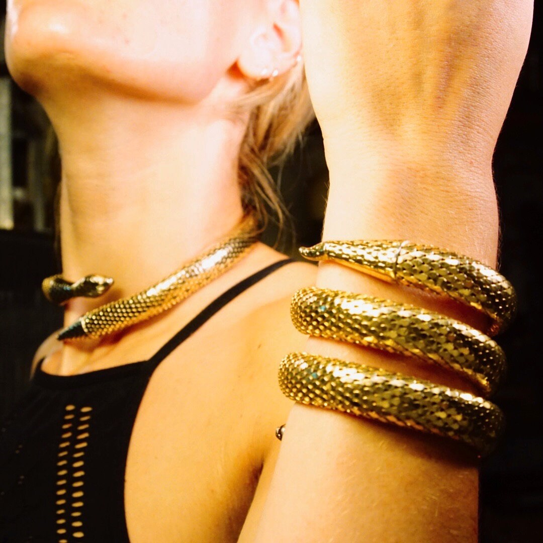 Vintage Whiting & Davis Gold Mesh Snake Necklace And Bracelet, Triple Coil Snake Cuff, Single Coil Snake Choker, Gold Tone Jewelry Set