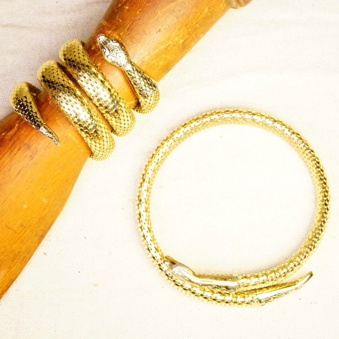 Vintage Whiting & Davis Gold Mesh Snake Necklace And Bracelet, Triple Coil Snake Cuff, Single Coil Snake Choker, Gold Tone Jewelry Set