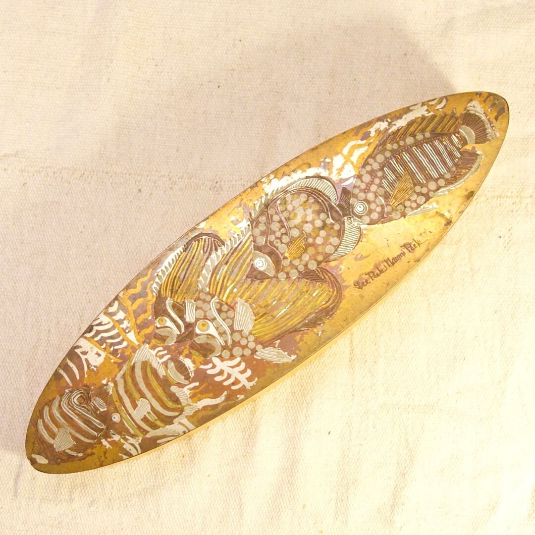 Vintage Signed Lee & Naomi Peck Inlaid Metal Wooden Swivel-Lid Box, Multi-Color Fish Lid Design, Marquise Shaped Box With Lid, Handmade