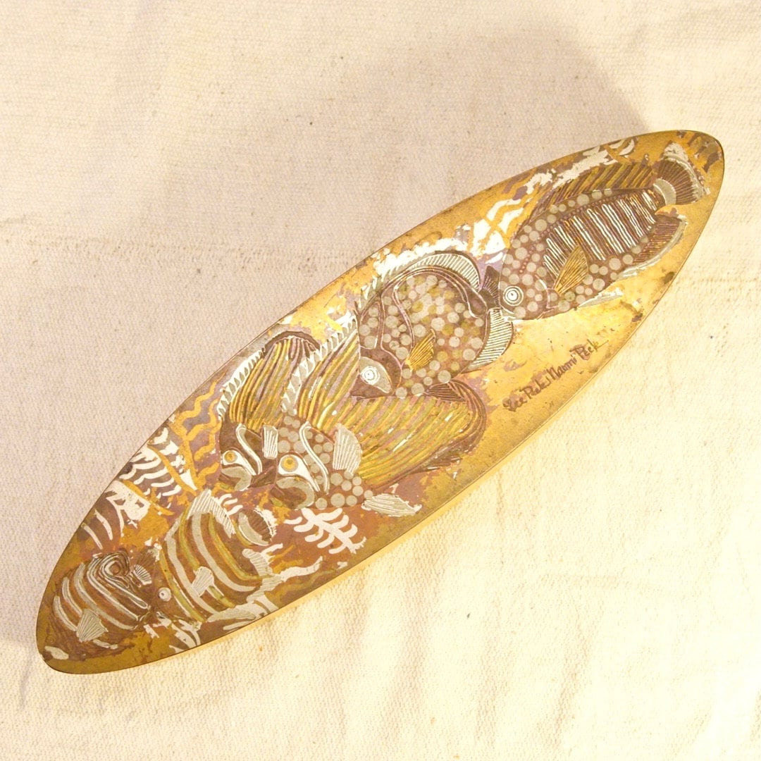 Vintage Signed Lee & Naomi Peck Inlaid Metal Wooden Swivel-Lid Box, Multi-Color Fish Lid Design, Marquise Shaped Box With Lid, Handmade