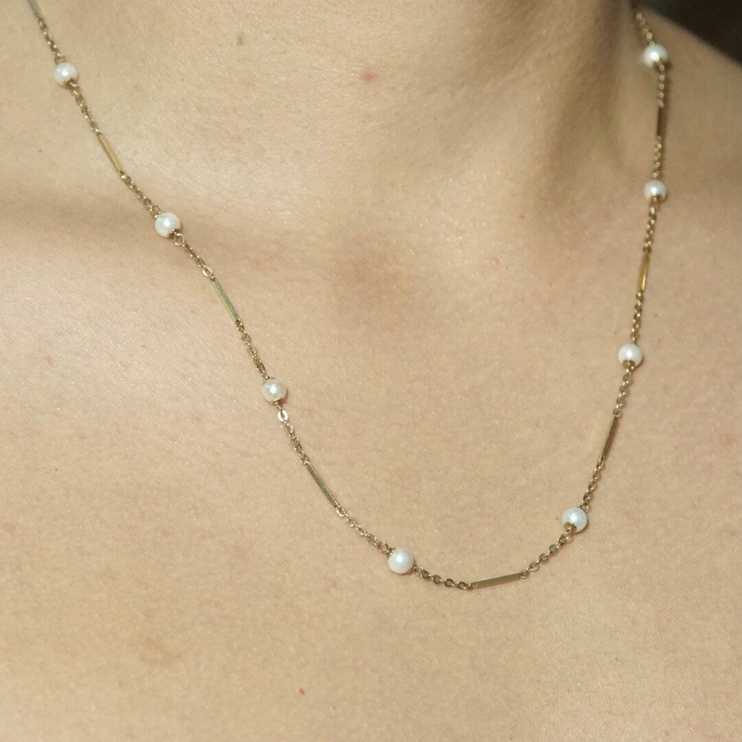 Vintage 14K Gold Bar Cultured Pearl Station Necklace, Yellow Gold & White Pearl, 1mm Cable Chain, 5mm Pearls, 585 Jewelry, 23 Long