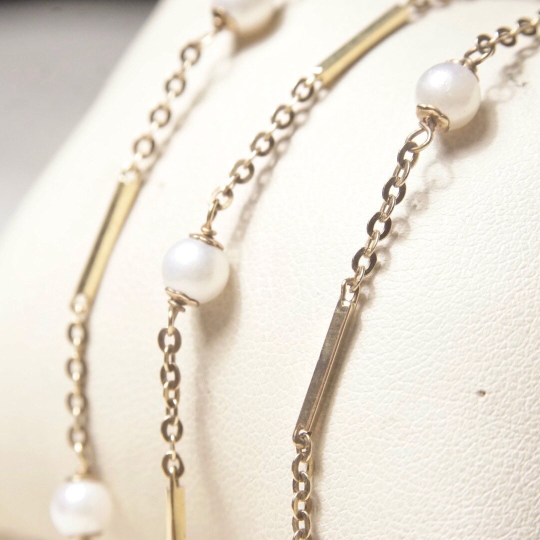Vintage 14K Gold Bar Cultured Pearl Station Necklace, Yellow Gold & White Pearl, 1mm Cable Chain, 5mm Pearls, 585 Jewelry, 23 Long