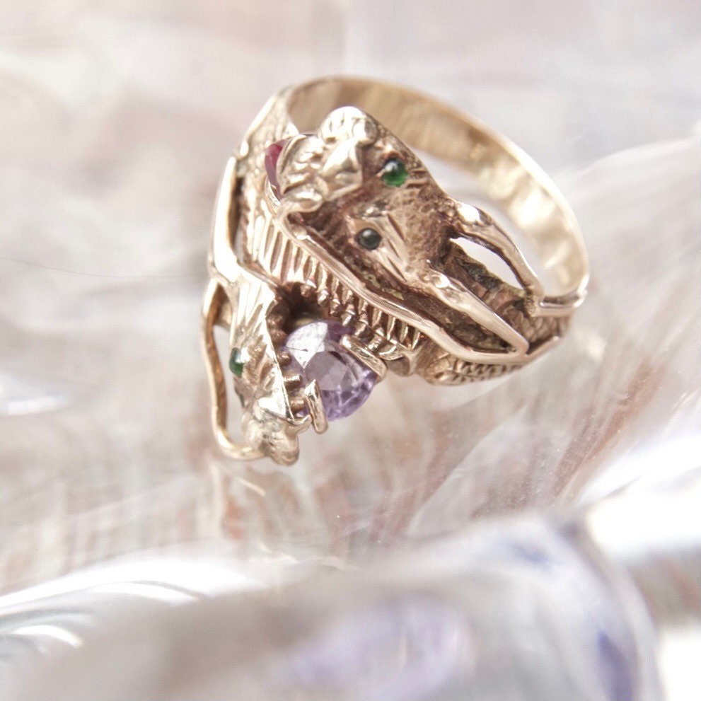 Antique 14K Gold Dragon Ring, Ruby, Emerald, Alexandrite Gemstones, Rare Vintage Chinese Dragons Ring, Nose Dragon Hallmark, Size 5 US