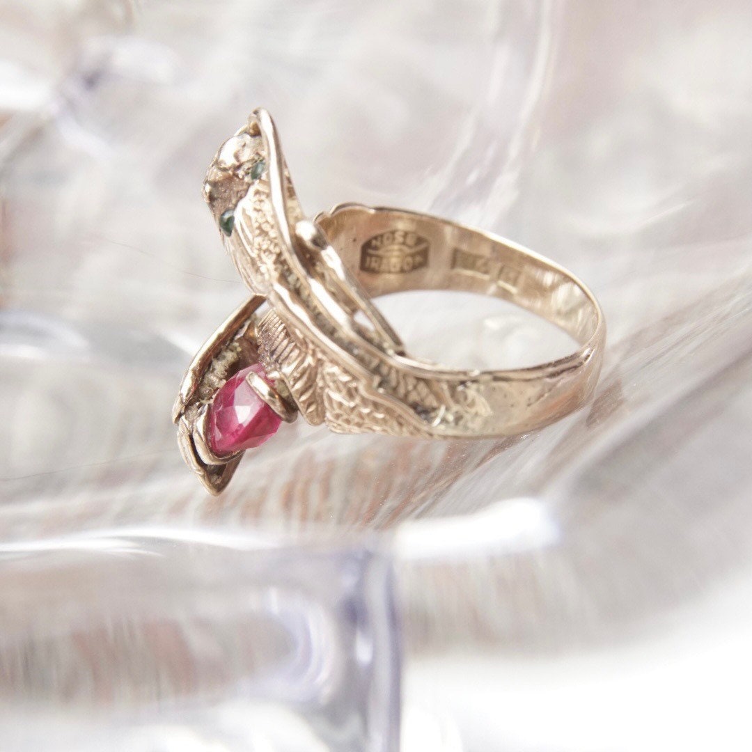 Antique 14K Gold Dragon Ring, Ruby, Emerald, Alexandrite Gemstones, Rare Vintage Chinese Dragons Ring, Nose Dragon Hallmark, Size 5 US