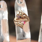 Antique 14K Gold Dragon Ring, Ruby, Emerald, Alexandrite Gemstones, Rare Vintage Chinese Dragons Ring, Nose Dragon Hallmark, Size 5 US