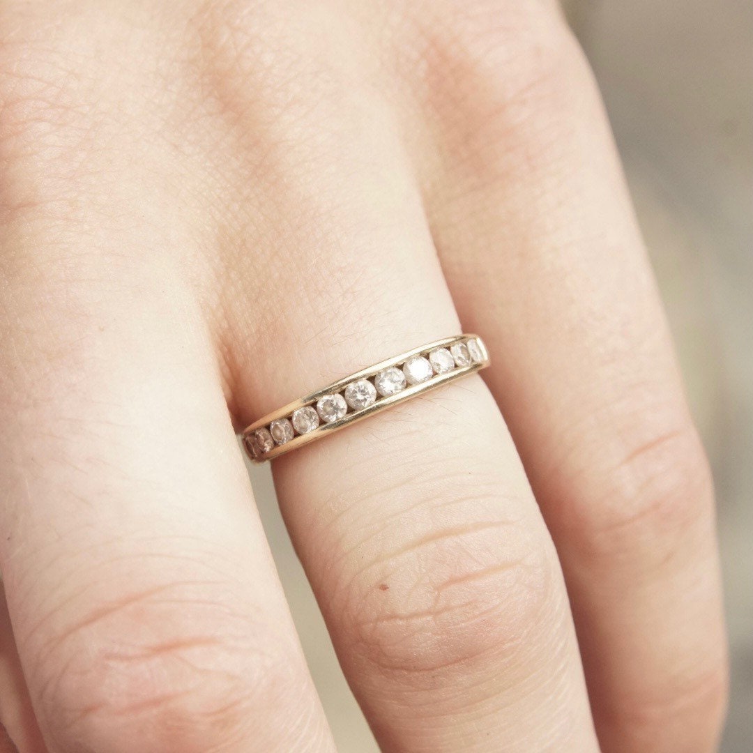 Vintage 10K Gold Diamond Pave Band Ring, Half Eternity Wedding Ring, 11 Round Cut Diamonds, 1/32 CT, Yellow Gold Band, Size 7 US