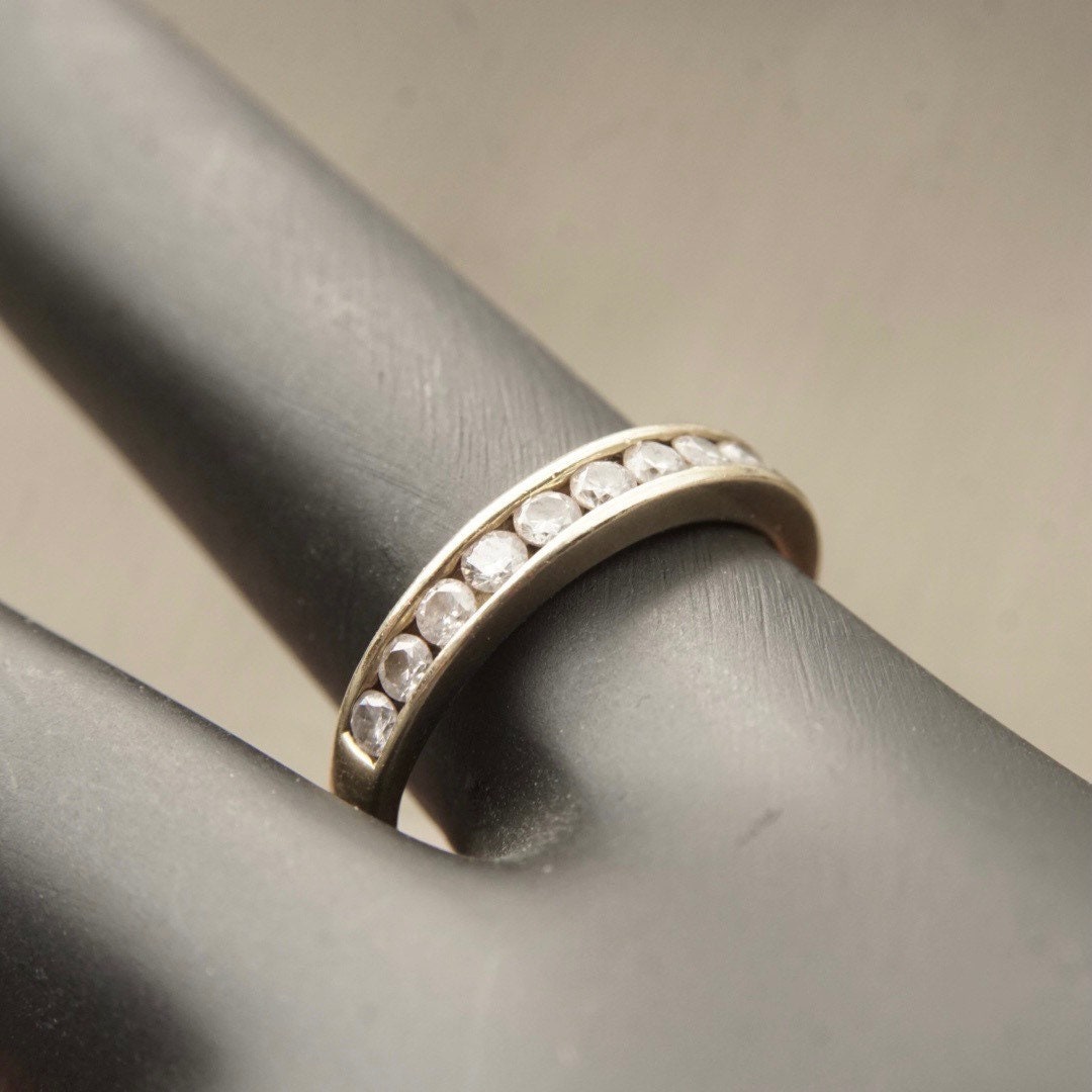 Vintage 10K Gold Diamond Pave Band Ring, Half Eternity Wedding Ring, 11 Round Cut Diamonds, 1/32 CT, Yellow Gold Band, Size 7 US