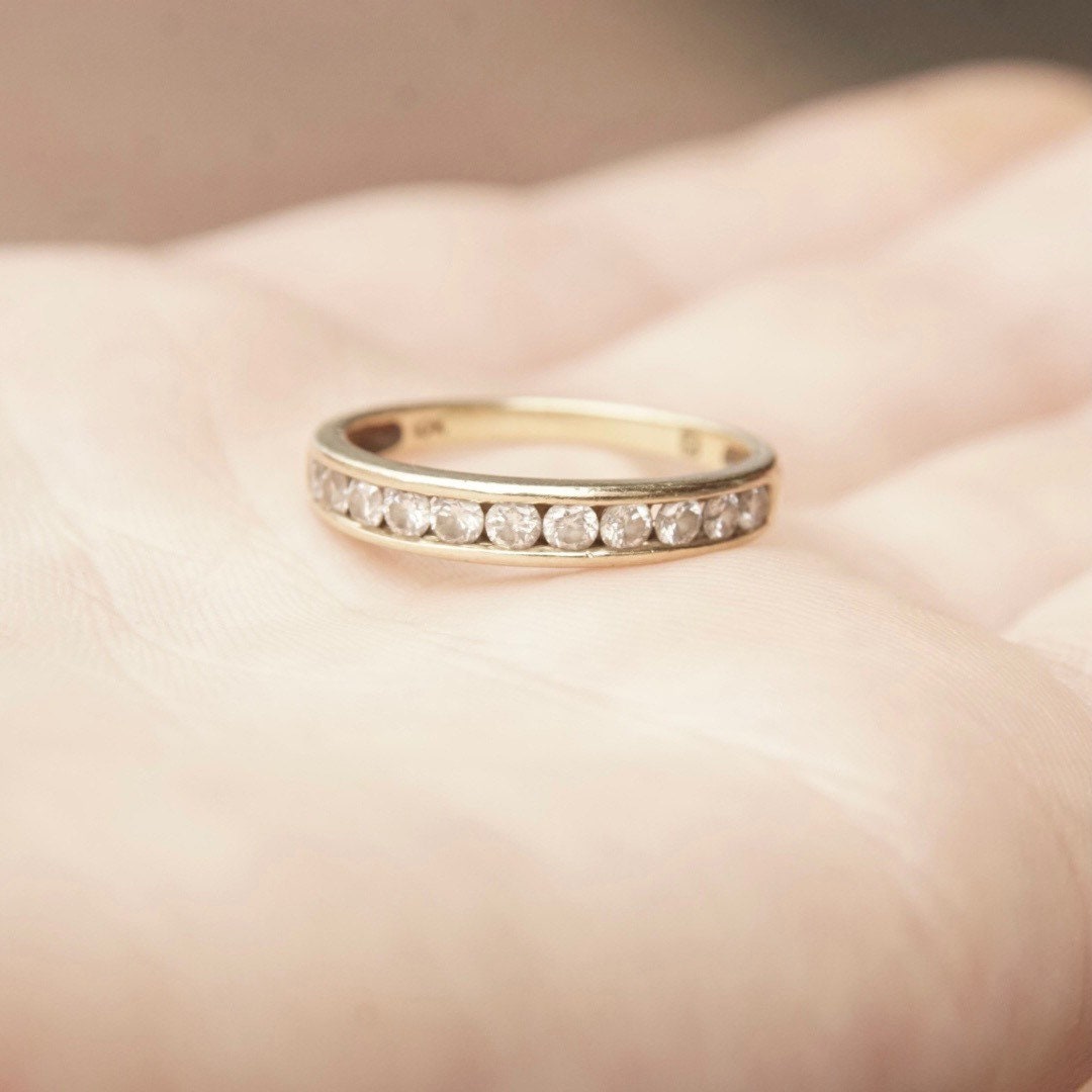 Vintage 10K Gold Diamond Pave Band Ring, Half Eternity Wedding Ring, 11 Round Cut Diamonds, 1/32 CT, Yellow Gold Band, Size 7 US