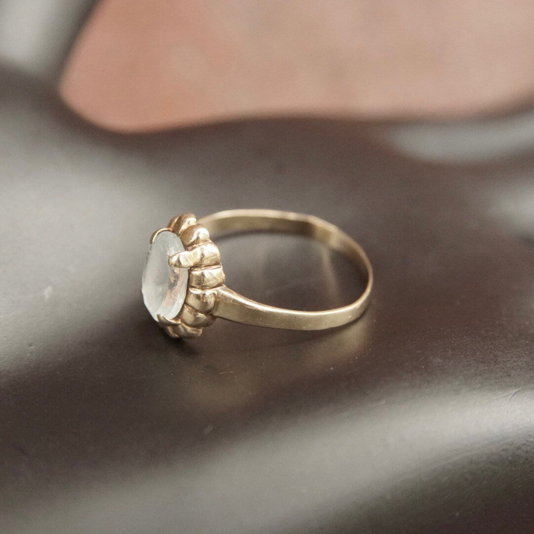 Vintage 10K Gold Aquamarine Glass Ring, Petite Yellow Gold Ring, Light Blue Oval Cut Stone, Gold Petal Setting, Size 6 1/4 US