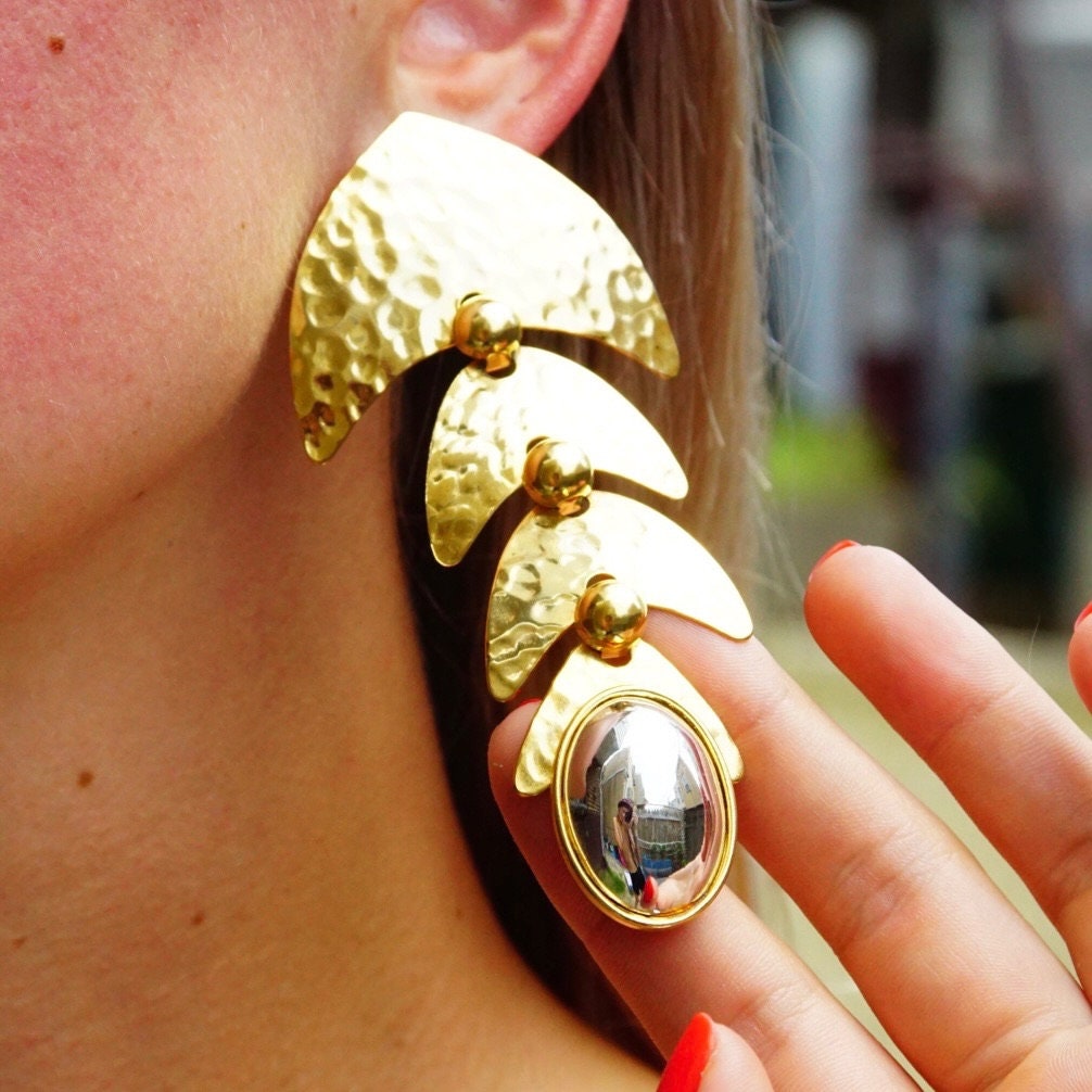 Vintage Two-Tone Crinkle Abstract Fish Earrings, Large Mixed Metal Dangle Earrings, Tiered Gold Panels, Reflective Silver Orb, 4 1/4" Long