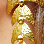 Vintage Two-Tone Crinkle Abstract Fish Earrings, Large Mixed Metal Dangle Earrings, Tiered Gold Panels, Reflective Silver Orb, 4 1/4" Long