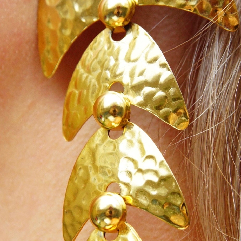 Vintage Two-Tone Crinkle Abstract Fish Earrings, Large Mixed Metal Dangle Earrings, Tiered Gold Panels, Reflective Silver Orb, 4 1/4" Long