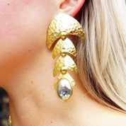 Vintage Two-Tone Crinkle Abstract Fish Earrings, Large Mixed Metal Dangle Earrings, Tiered Gold Panels, Reflective Silver Orb, 4 1/4" Long