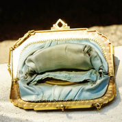 Antique Art Deco/Nouveau Fine Mesh Evening Purse, Hand Painted Chainmail Bag W/ Compact Mirror, Ornate Blue Enamel Trim & Silk Lining, 6" L