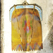 Antique Art Deco/Nouveau Fine Mesh Evening Purse, Hand Painted Chainmail Bag W/ Compact Mirror, Ornate Blue Enamel Trim & Silk Lining, 6" L