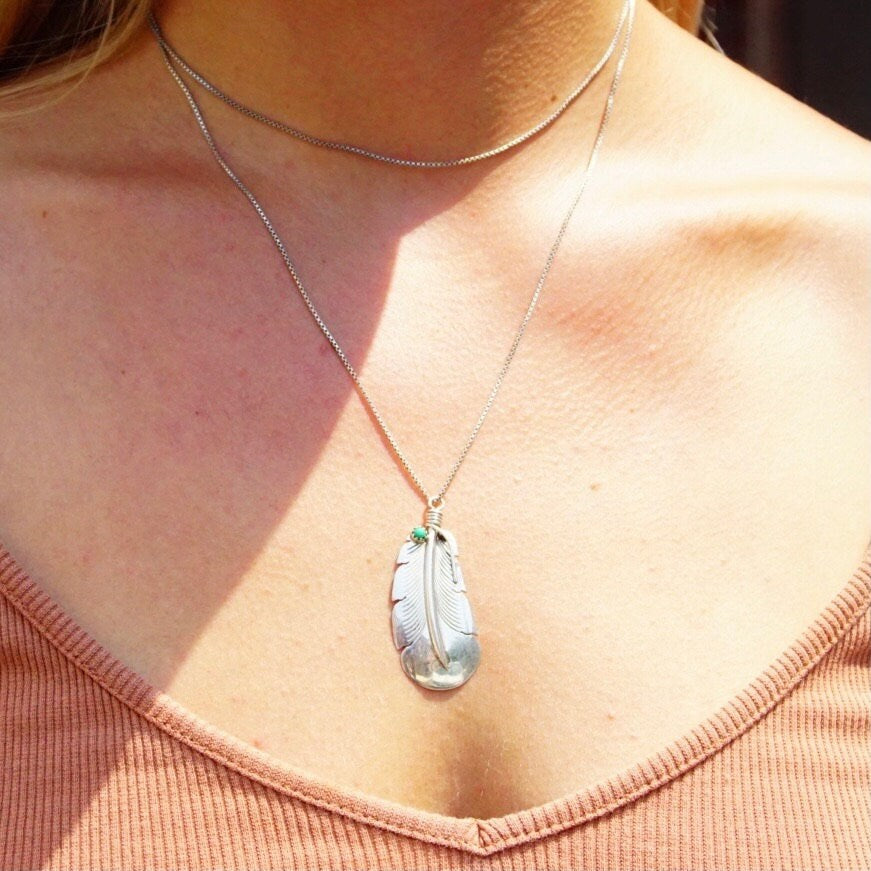 Vintage Signed E. Yazzie Sterling Silver Turquoise Bead Feather Pendant, Native American, Engraved 925 Silver, Small Green Stone, 1 7/8" L