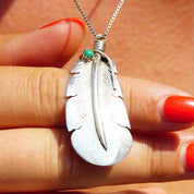 Vintage Signed E. Yazzie Sterling Silver Turquoise Bead Feather Pendant, Native American, Engraved 925 Silver, Small Green Stone, 1 7/8" L