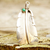 Vintage Signed E. Yazzie Sterling Silver Turquoise Bead Feather Pendant, Native American, Engraved 925 Silver, Small Green Stone, 1 7/8" L
