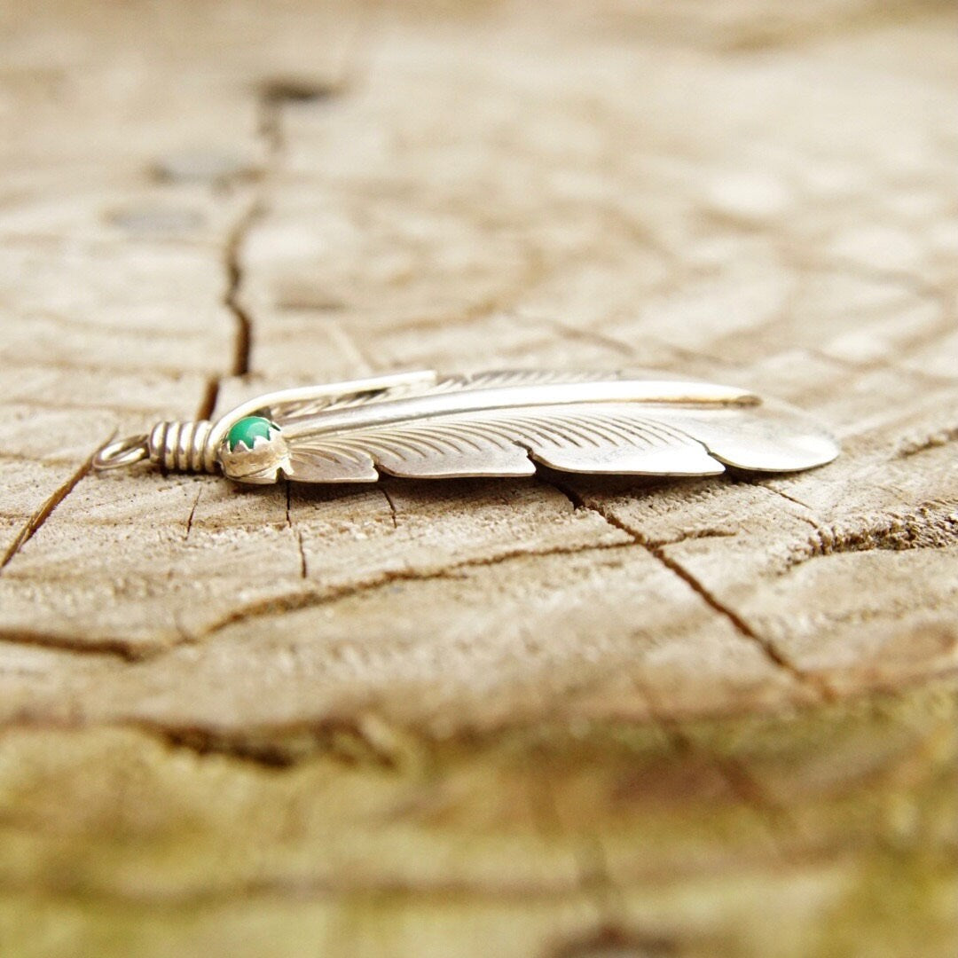 Vintage Signed E. Yazzie Sterling Silver Turquoise Bead Feather Pendant, Native American, Engraved 925 Silver, Small Green Stone, 1 7/8" L